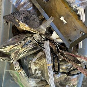 AMAZING BOX OF VINTAGE TREASURES FLATWARE KEYS LOCK PLATES BOTTLE OPENERS